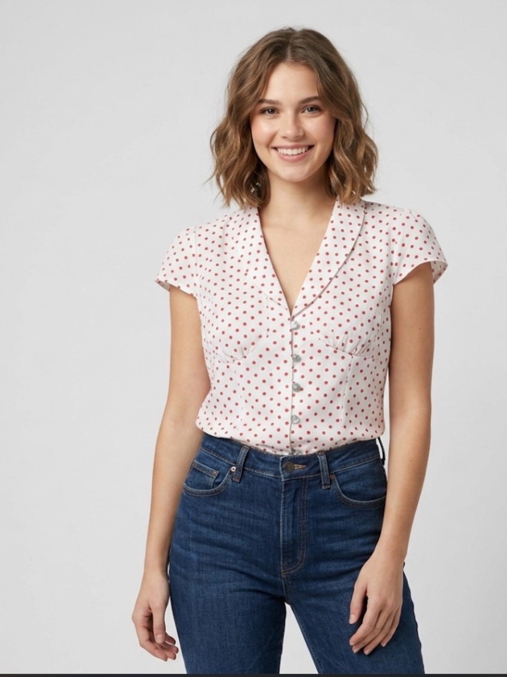 Love Notes Pink Polka Dot V-Neck Cap Sleeve Blouse large